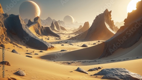Science fiction alien desert with unusual rock formations and twin suns in the sky