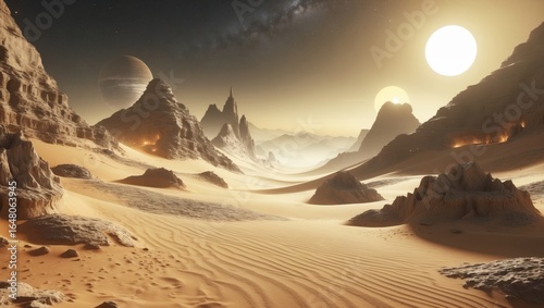 Science fiction alien desert with unusual rock formations and twin suns in the sky