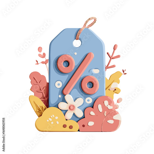 Discount Tag Illustration: A vibrant illustration of a percentage tag, adorned with whimsical botanical elements, perfectly embodies the essence of promotion and deals.