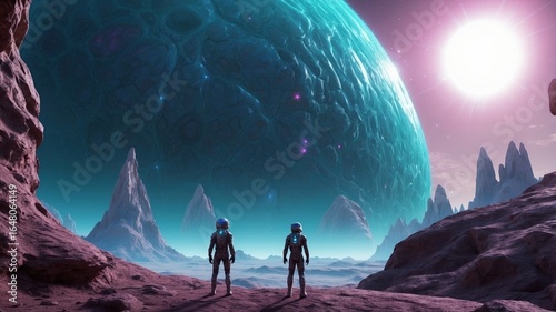 A crystal-covered alien landscape with two suns and a lone explorer, ideal for a fantasy sci-fi themed desktop background.