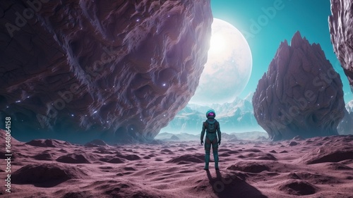 A crystal-covered alien landscape with two suns and a lone explorer, ideal for a fantasy sci-fi themed desktop background.
