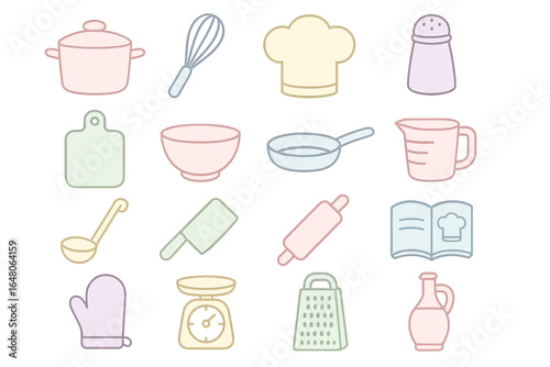Colorful outline kitchen utensils set: pot, whisk, chef hat, and more
