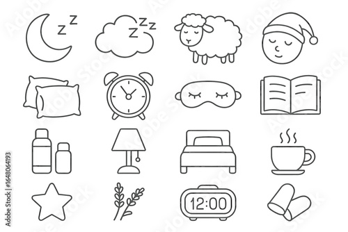 Sleep and relaxation icons: moon, sheep, clock, pillow, bedtime essentials