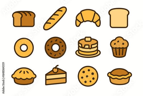 Assorted baked goods icons: bread, croissant, donut, pancakes, pie, cookie, muffin