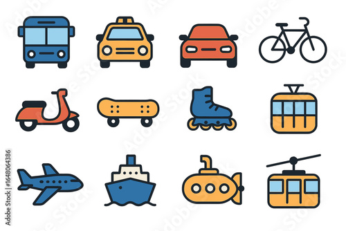Various colored transport icons: bus, taxi, car, bicycle, scooter, skateboard, skates, tram, airplane, ship, submarine, helicopter