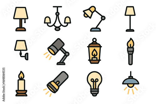 Various types of lighting fixtures: lamps, chandeliers, lanterns, and bulbs illustrated icons