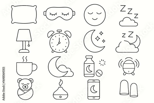 Sleep essentials icons: pillow, mask, clock, moon, lamp, teddy, diffuser, mobile