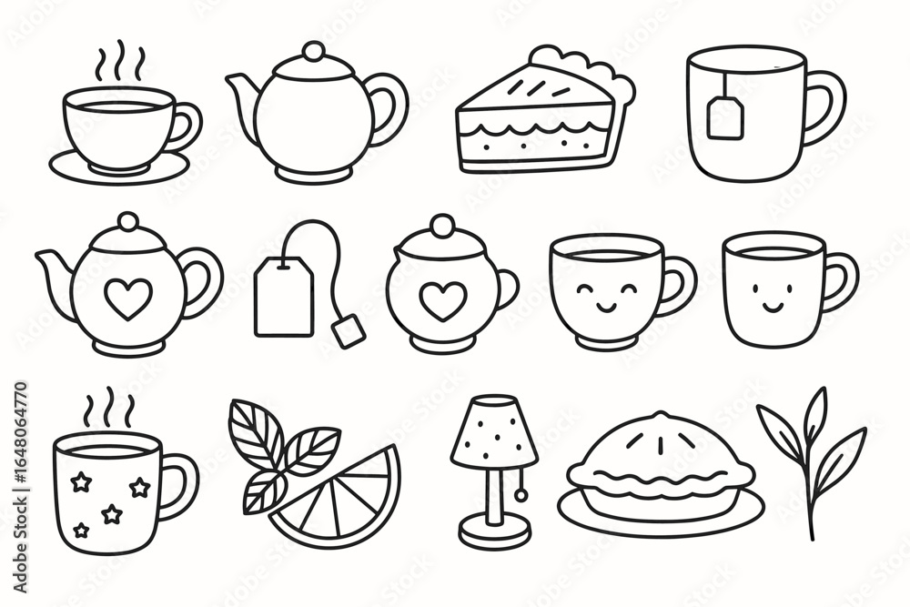 Obraz premium Tea time doodle set: teapots, teacups, sweets, and accessories line art