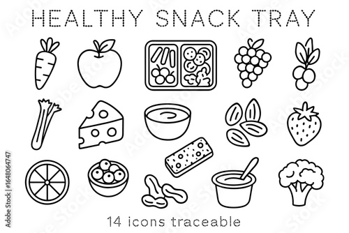 Black and white healthy snack icons: fruits, vegetables, and nuts line art