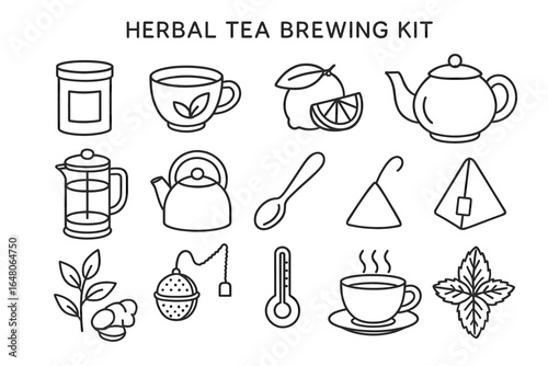 Herbal tea brewing kit: teapot, infuser, leaves, cup, herbs, brewing essentials