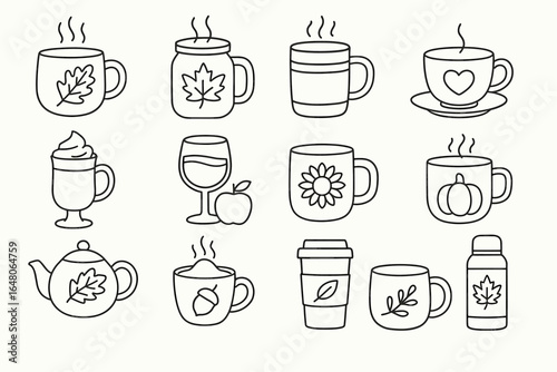 Autumn themed beverage icons with leaves and seasonal designs