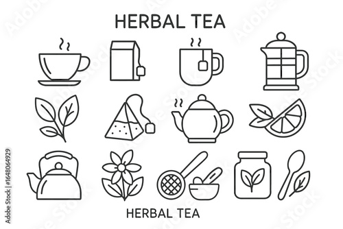 Line art herbal tea illustration with teapots, mugs, and ingredients