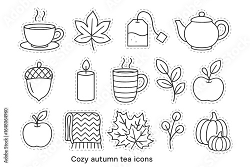 Cozy autumn tea icons set with leaves, candles, acorns, and pumpkins