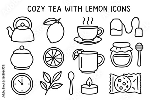 Cozy tea time essentials: lemon, teapot, cup, honey, and more icon set