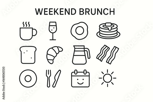 Weekend brunch icons: coffee, eggs, pancakes, bacon, sunny