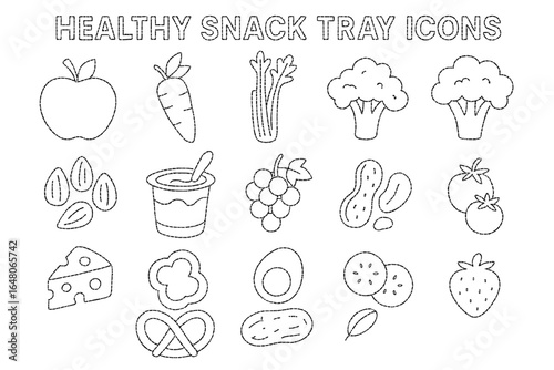 Outline of healthy snack tray icons featuring fruits, vegetables, nuts, and dairy items