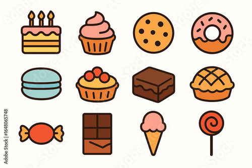 Colorful icons of various desserts and sweets