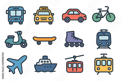 Colorful transport icons: bus, taxi, car, bicycle, scooter, skateboard, rollerblade, train, airplane, ship, cable car, tram