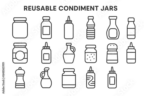 Collection of reusable condiment jars in various shapes and sizes