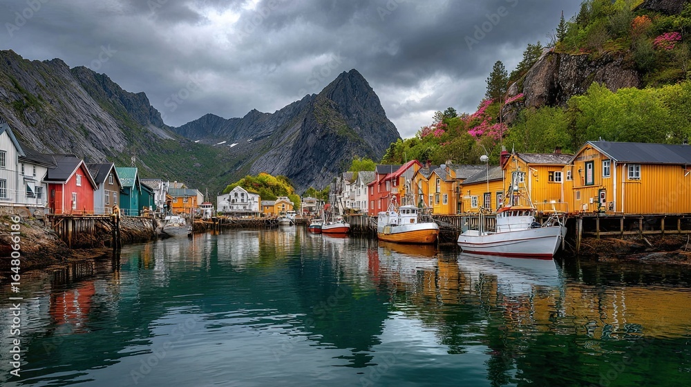 Naklejka premium A colorful fishing village in Norway sits along the fjords, with vibrant houses reflecting on the calm water.