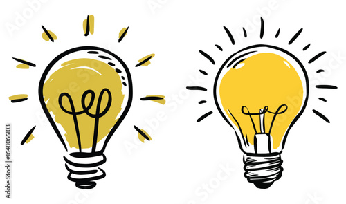 Light Bulb Idea Icons Vector Set - Creative Innovation Inspiration Symbol Yellow Hand Drawn Design Elements