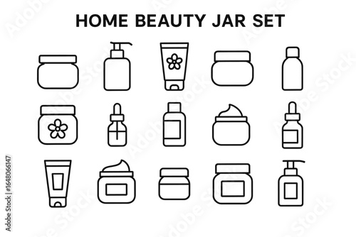 Minimalist home beauty jar set line icons for skincare and cosmetics