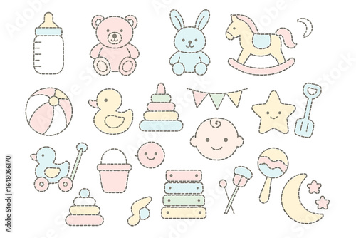 Cute pastel baby toys and accessories in dotted outline style