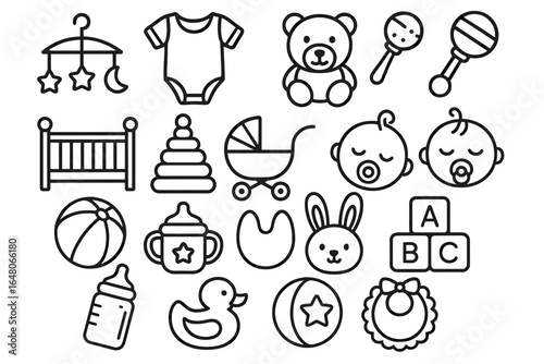 Baby essentials icons: toys, clothing, and accessories illustrated in black and white