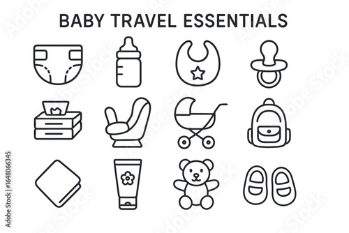 Baby travel essentials: diapers, bottles, stroller, backpack, toys, pacifier