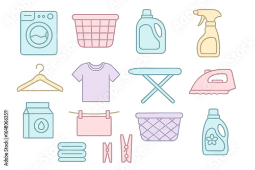 Laundry essentials icons: washer, basket, detergent, clothes, ironing board, hanger