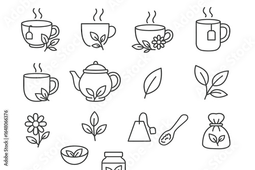Collection of tea icon line drawings featuring cups and leaves