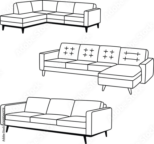 Three different sofas including L‑shaped sectional left chaise, sectional right chaise with patterned cushions, and standard three‑seater, furniture design, cad drawing flat vector illustration