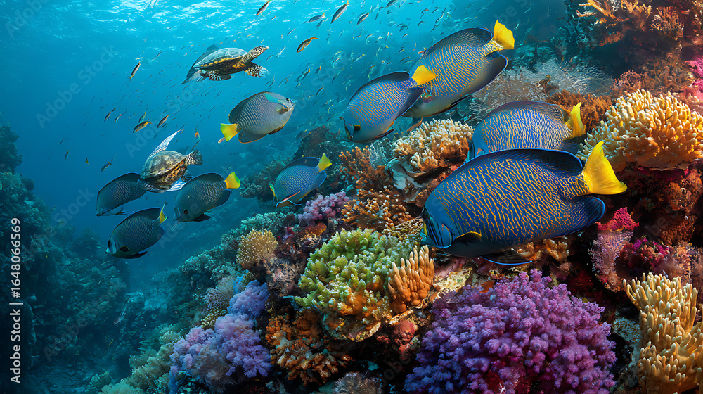 Fototapeta premium A vibrant underwater scene with a group of angelfish, wrasses, and sea turtles gliding around a coral-covered rock formation, dramatic lighting creating a rich, immersive atmosphere