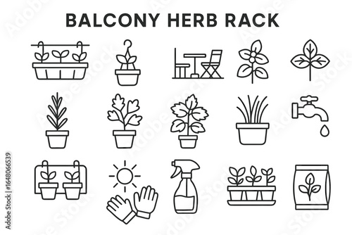 Balcony herb gardening essentials: tools, plants, and water icons