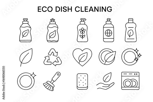 Eco-friendly dishwashing icons: leaf, recycle, heart, sparkle, brush, sponge