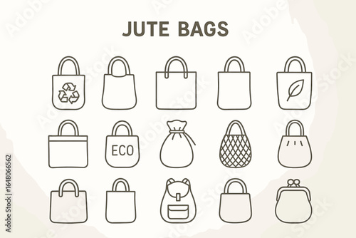 Variety of jute bags icons featuring eco-friendly designs and styles