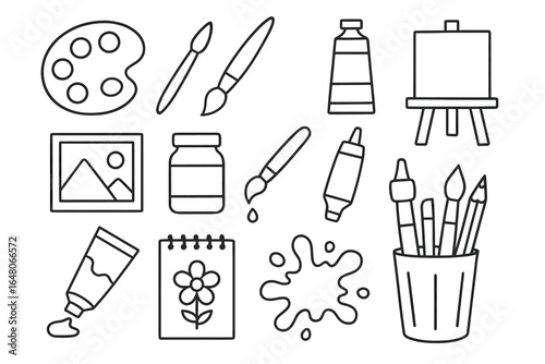 Art supplies icons: palette, brushes, paint tubes, easel, canvas, jar, sketchbook