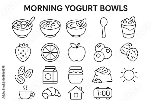 Morning yogurt bowls with fruit icons and breakfast elements