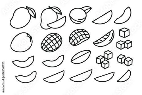 Outline illustrations of mango and sliced fruit with cubes and grids