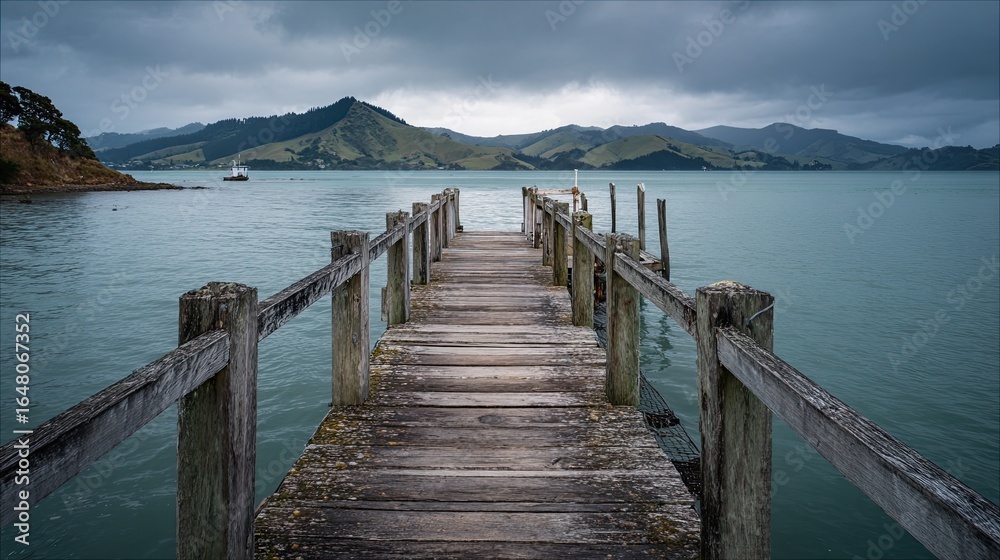 Fototapeta premium A quiet fishing pier in New Zealand stretches into calm waters, offering peaceful reflections and serene natural beauty. 