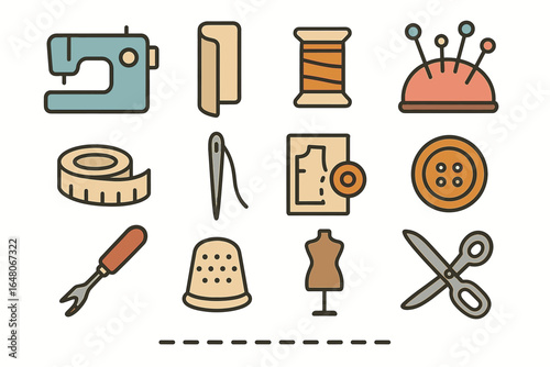Sewing tools and accessories illustration with sewing machine, scissors, and dress form