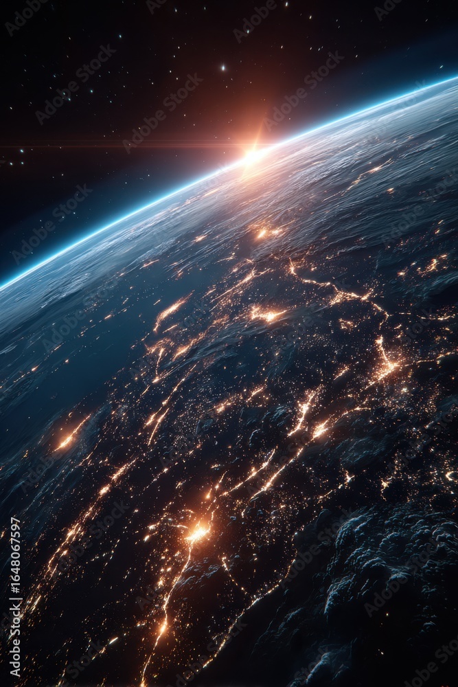 A mesmerizing view of Earth from space, showing glowing city lights with a vibrant sunrise on the horizon, ideal for sci-fi, technology, or global awareness themes.