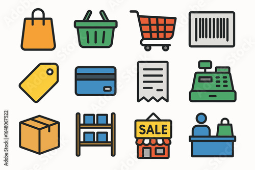 Colorful shopping icons set featuring cart, barcode, sale, and more