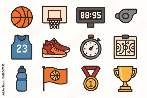 Basketball icons: ball, hoop, timer, shoes, whistle, jersey, medal, trophy