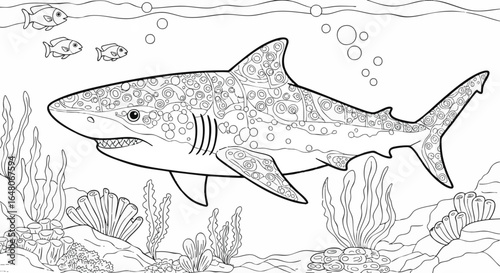 Underwater coloring page detailed illustration of a shark, seaweed, and bubbles for relaxation