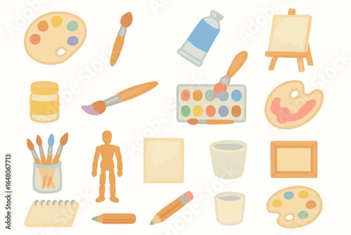 Colorful art supplies collection with brushes, palettes, paint tubes, easel and sketch tools