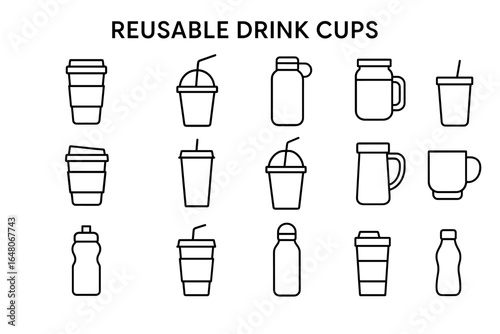 Various reusable drink cups line art illustration collection
