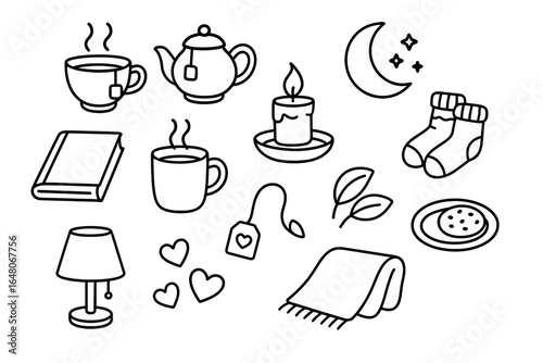Cozy doodles featuring tea, candles, and warm socks for a relaxing evening