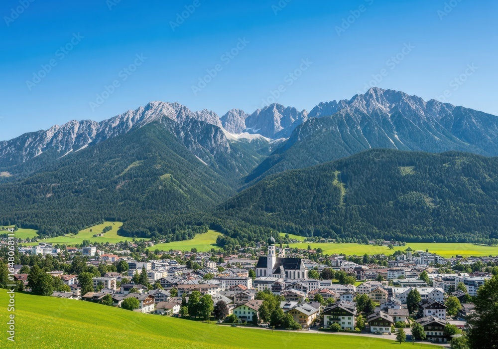 Fototapeta premium Alpine village nestled at the foot of majestic mountains under a clear blue sky