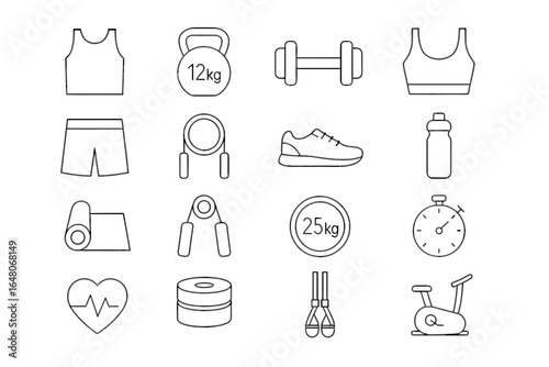 Fitness equipment icons: dumbbells, kettlebells, stopwatch, yoga mat, exercise bike